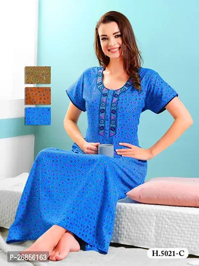 Elegant Blue Cotton Blend Printed Nightdress For Women-thumb0