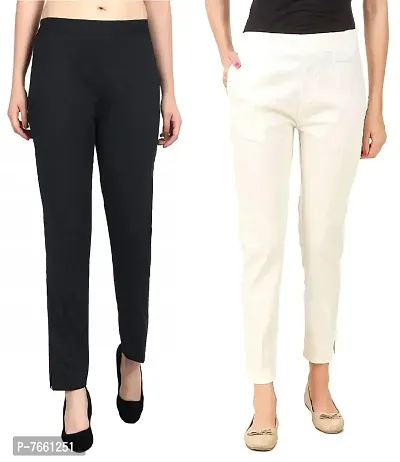 SriSaras Women's Straight Fit Cotton Pants/Trousers (L, Black Cream)