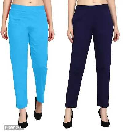 SriSaras Women's Straight Fit Cotton Pants/Trousers (M, Turquoise Navy Blue)