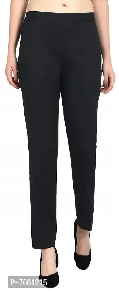 SriSaras Women's Straight Fit Cotton Pants/Trousers (M, Black Light Grey)-thumb2