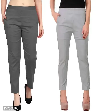 SriSaras Women's Straight Fit Cotton Pants/Trousers (3XL, Grey Light Grey)
