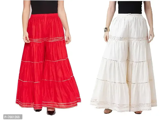 SriSaras Premium Women's Cotton Flared Garara/Sharara Loose fit Palazzos Combo (Free SIze 28 to 40) (RED CREAM)
