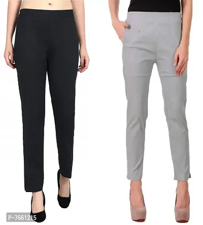 SriSaras Women's Straight Fit Cotton Pants/Trousers (M, Black Light Grey)-thumb0