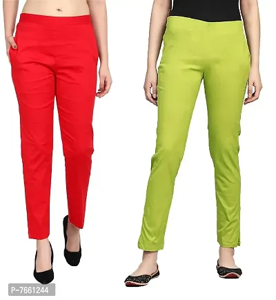 SriSaras Women's Straight Fit Cotton Pants/Trousers (2XL, RED Parrot Green)