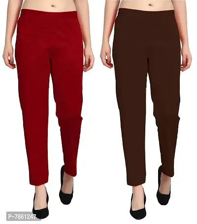 SriSaras Women's Straight Fit Cotton Pants/Trousers (L, Maroon Brown)