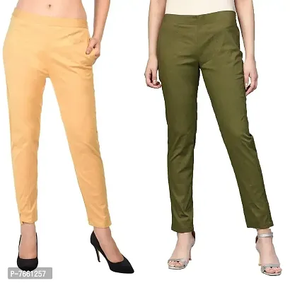SriSaras Women's Straight Fit Cotton Pants/Trousers (2XL, Skin Olive Green)