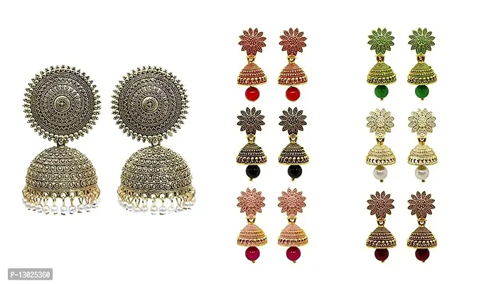 Traditional Golden Fancy Jhumka Earrings Combo for Womens (Set of 6) - Fancy Ethnic Multicolor Small Jhumki Ear Rings Pack for Ladies