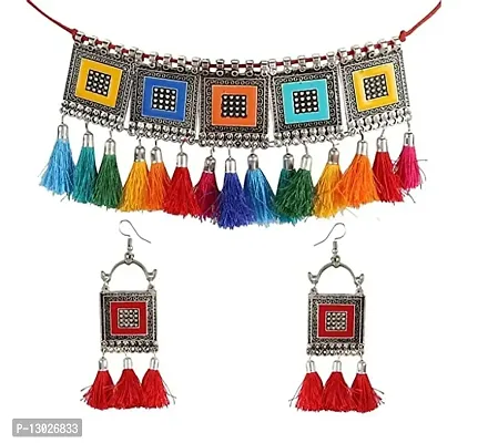 JMBW Internationa Multi Thread Oxidised Jewellery Afghani Style Multicolored Necklace Choker Set with earrings for women&girls