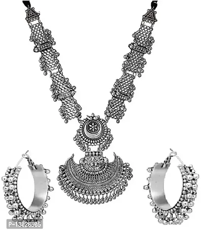 Fashion Afghani Oxidised Silver Jewellery Stylish Antique Long Necklace Set for Women & Girls