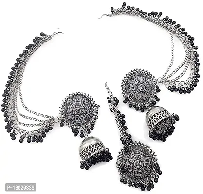 JMBW International Jewellery Traditional Antique Silver Black Beats Bahubali Long Chain Jhumka Jhumki Earrings for Women And Girls Metal Hoop Earring-thumb0