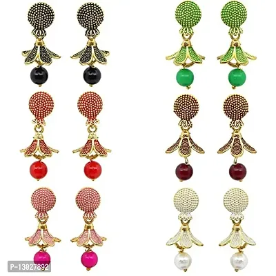 Gold-Plated Traditional Flower Design South Indian Jhumka Earrings for Women (Set of 6) - Fancy Multicolor Moti Jhumki Ear Rings Combo Set for Girls-thumb0