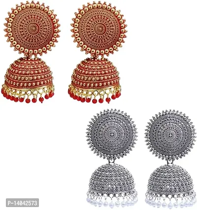 SILVER, RED FLORAL JHUMKA EARRING