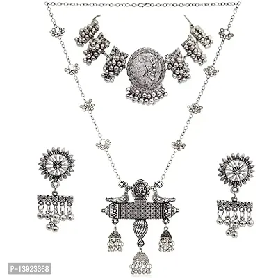 Fashion Latest Oxidised German Afghani Long Chain Pendant Earrings Necklace Jewellery Set for Women.