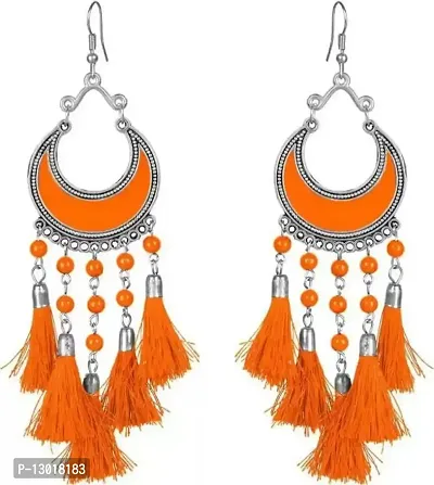 JMBW International Beautiful Antique Fur Silver Hanging Button (Set of 1) Earrings for Women- Traditional Bollywood Ethnic Bridal Wedding Earrings- Orange