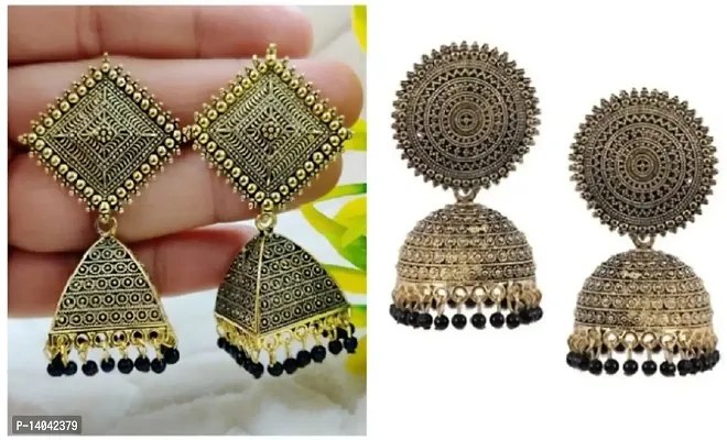 SQUARE , FLORAL( BLACK) JHUMKI EARRINGS (COMBO)-thumb0