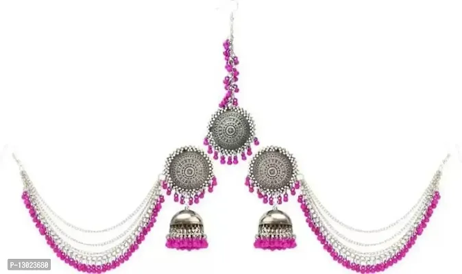 JMBW International Stylish & Antique traditional Bahubali Jhumka Stub Earring with Black Beads in Shining Chain With Maang Tikka for Woman and Girls. Alloy Stud Earring-Pink