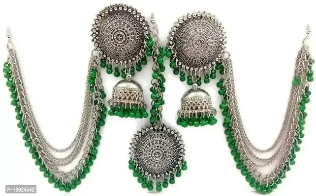 JMBW International Stylish & Antique traditional Bahubali Jhumka Stub Earring with Black Beads in Shining Chain With Maang Tikka for Woman and Girls. Alloy Stud Earring-Green-thumb0