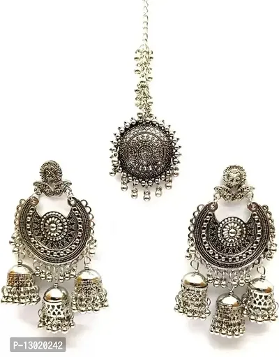 JMBW International Multicolor Triple jhumka mang tika Fashion Stylish Antique Afghani Jewelry Earrings set (Black-Silver)