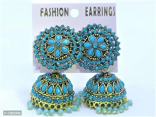 Sky Blue Bridal Traditional Stone Stylish Kundan Earrings/Jhumka For Girls/Women (Pack of 1 Pair) With Box