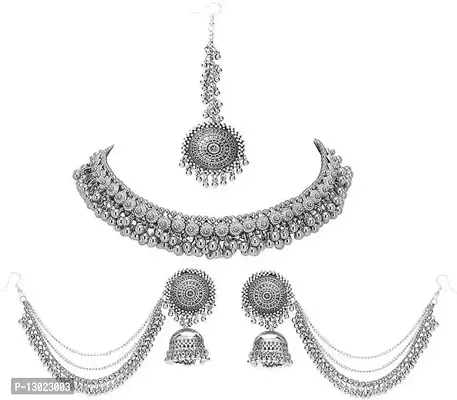 JMBW International Jewellery Necklace earring ,mang tika set Combo pack of 3 l (Color :Silver)