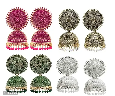 Traditional Multicolor Meenakari Jhumka Gold Plated Earring Set Dome Shaped Jhumki Earrings Combo of 4(pairs)