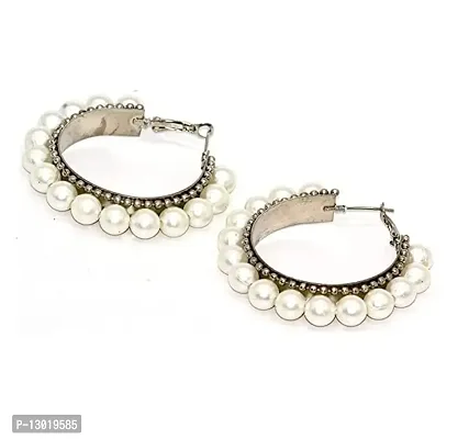 JMBW Traditional Lightweight Stylish & Elegant Big Size White Pearl Hoops Earring For Women & Girls