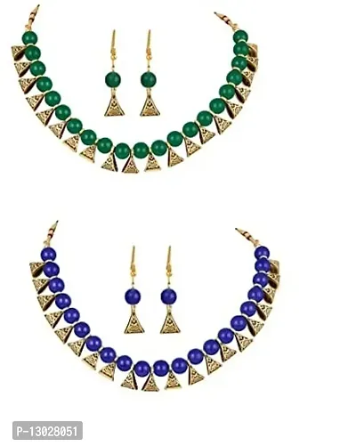 Pearl Necklace Moti Mala Jewellery Set with Earrings for Women Girls.,(blue, green)