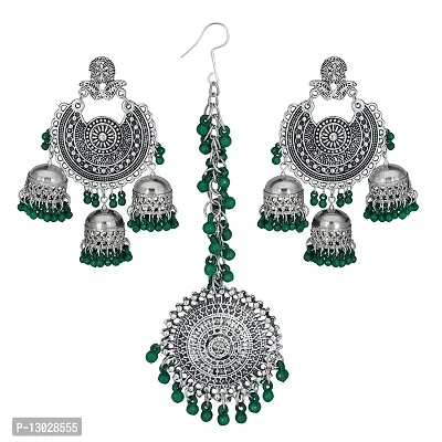 JMBW International Navratri Wedding Bridal Earrings with Maang Tikka Combo for Women and Girls (Green)-thumb0