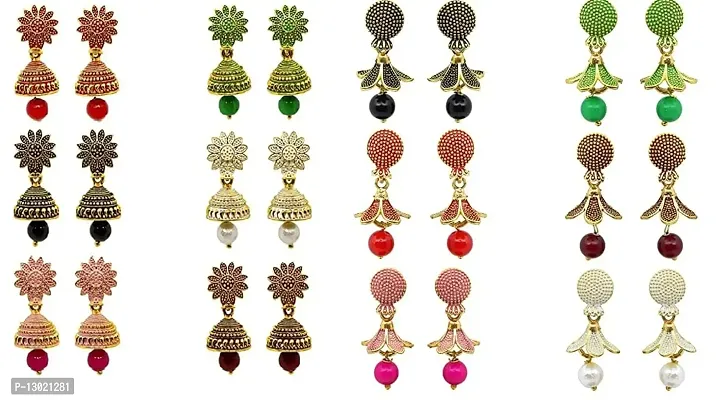 Golden Classic Multi-Color Golden Jhumke Earrings Combo for Women (Set 12) - Fancy & elegant Traditional Indian Simple Hanging Jhumki Ear Rings Pack for Girls