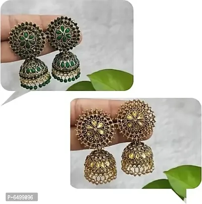 Stylish and Fancy Ani Combo Set Of 2 Pair Jhumkas Regular Wear and Festival Wear earrings for Girls and Women.( Gold and Green Color ) Brass Jhumki Earring-thumb0