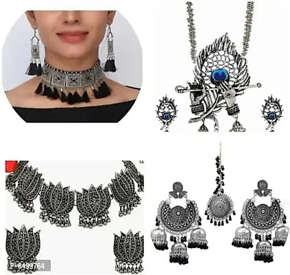 black choker with earring,morpankh pendent with eaarring,lutus necklace with earring,3 jhumki bahubali with earring combo.-thumb0