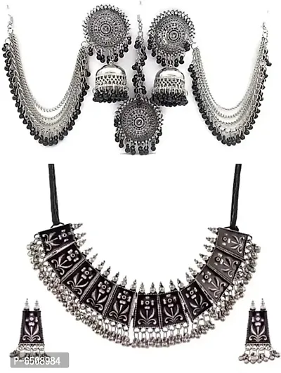 Silver Oxidized Choker with Set with Maangtikka