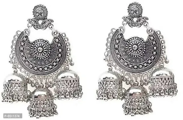 Oxidize silver 3 drop chandbali earrings