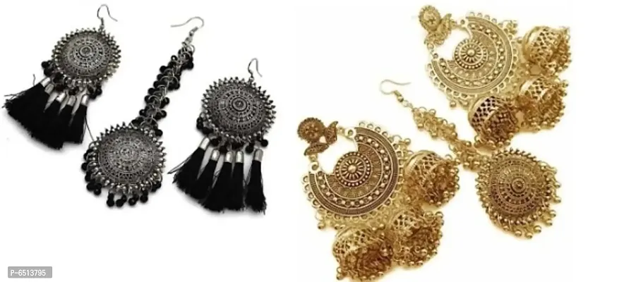 Silver bahubali and golden 3 chandbali earring with mangtika combo