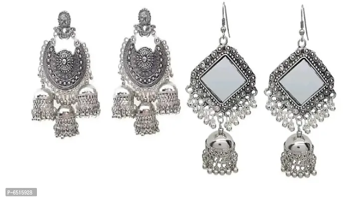 Oxidize silver padmani jhumka and mirror earrings combo