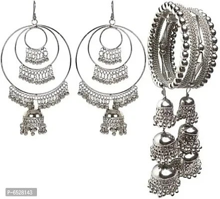 Oxidize silver afghani earrings and silver bracelet combo-thumb0