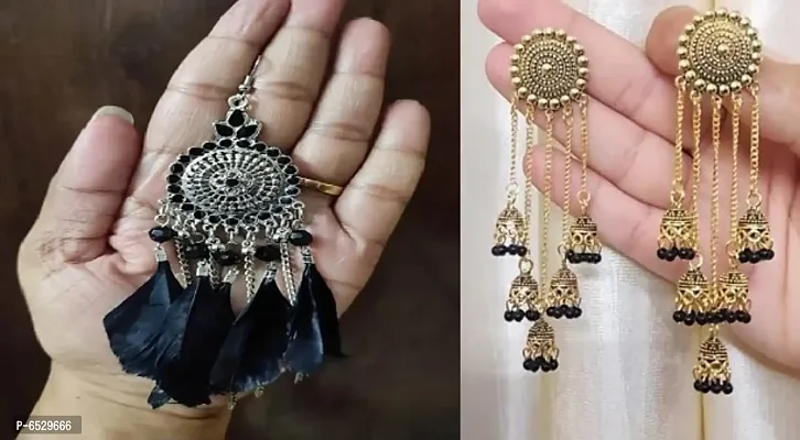 feather and gold/black 5layer chain with jhumki combo-thumb0