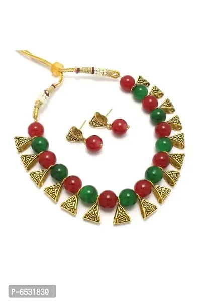 Mother pearl red/green/gold necklace with earring-thumb0