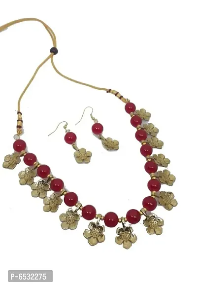 Floral mother pearl red necklace with earring
