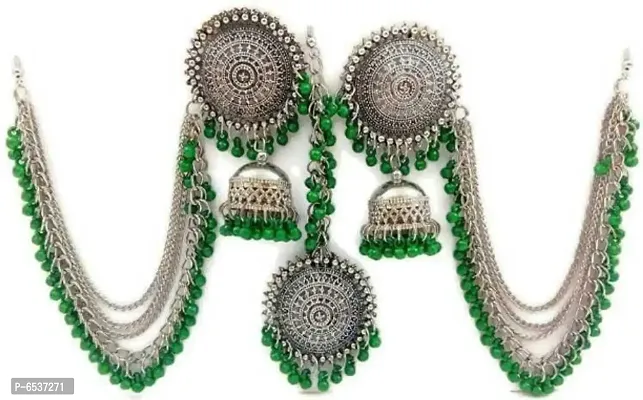 Oxidize silver earrings with mangtika green