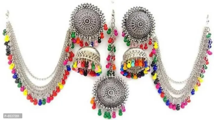 Oxidize silver earrings with mangtika muti