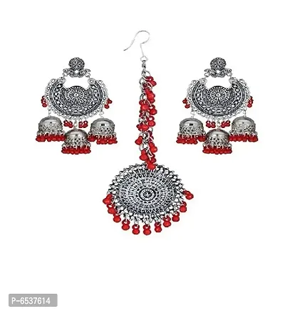 Oxidize silver earrings with mangtika 3 jhumki red