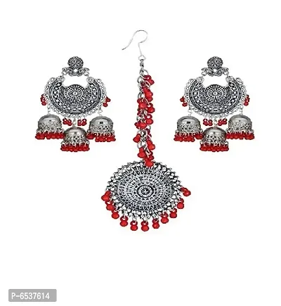 Oxidize silver earrings with mangtika 3 jhumki red-thumb0