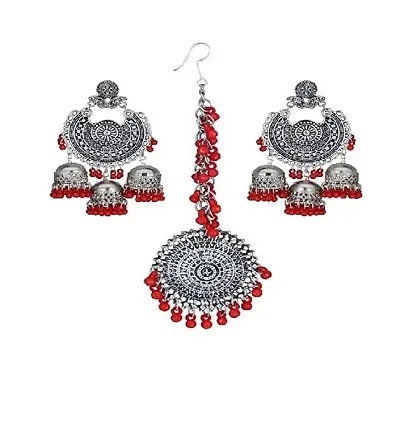 Oxidize earrings with mangtika 3 jhumki