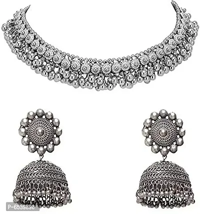 Oxidize silver necklace with jhumka earrings