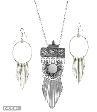 Silver Oxidized Alloy Long Necklace Set-thumb0