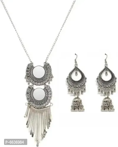 Silver Oxidized Alloy Long Necklace Set-thumb0