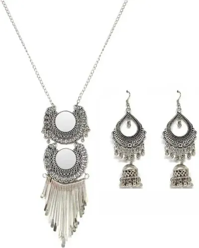 Casualwear Silver Oxidized Alloy Long Necklace Set