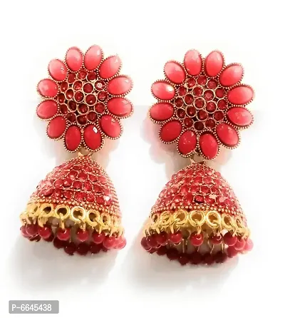 Red color floral drop humki earrings