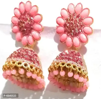 Pink color stoneandbeads work jhumki earrings